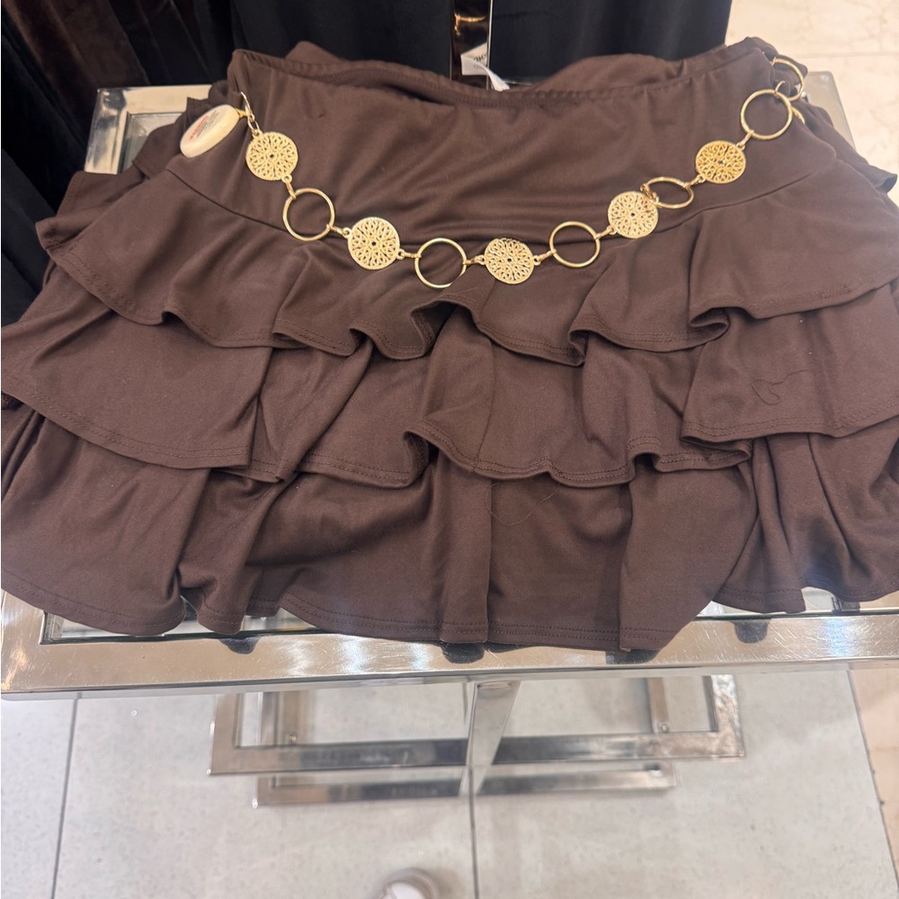 Brown Ruffled Skirt with Gold Accents